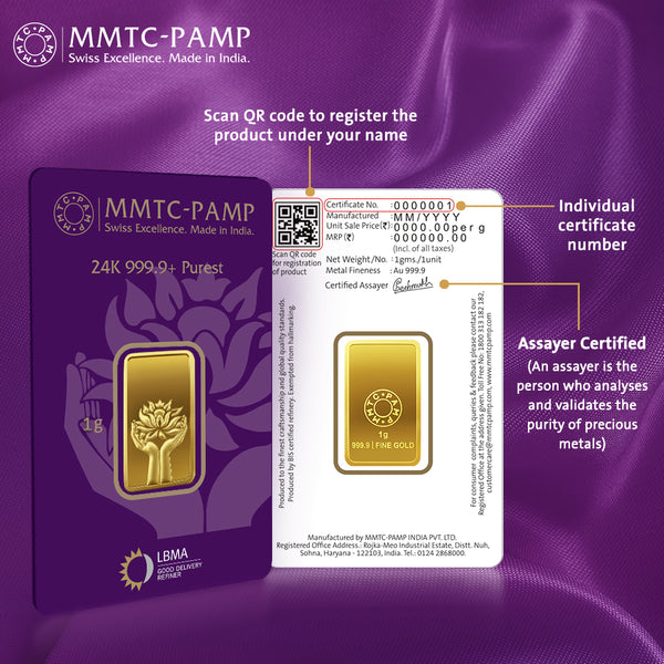 Gold 999.9 Minted Bar Lotus Certicard QR
